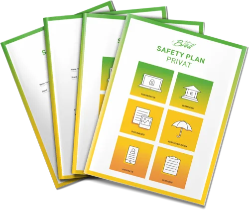 Safety Plan Privat Cover mit grünem und gelbem Farbverlauf, zeigt 6 Symbole zu Passwörter, Vermögen, Dokumente, Versicherunge