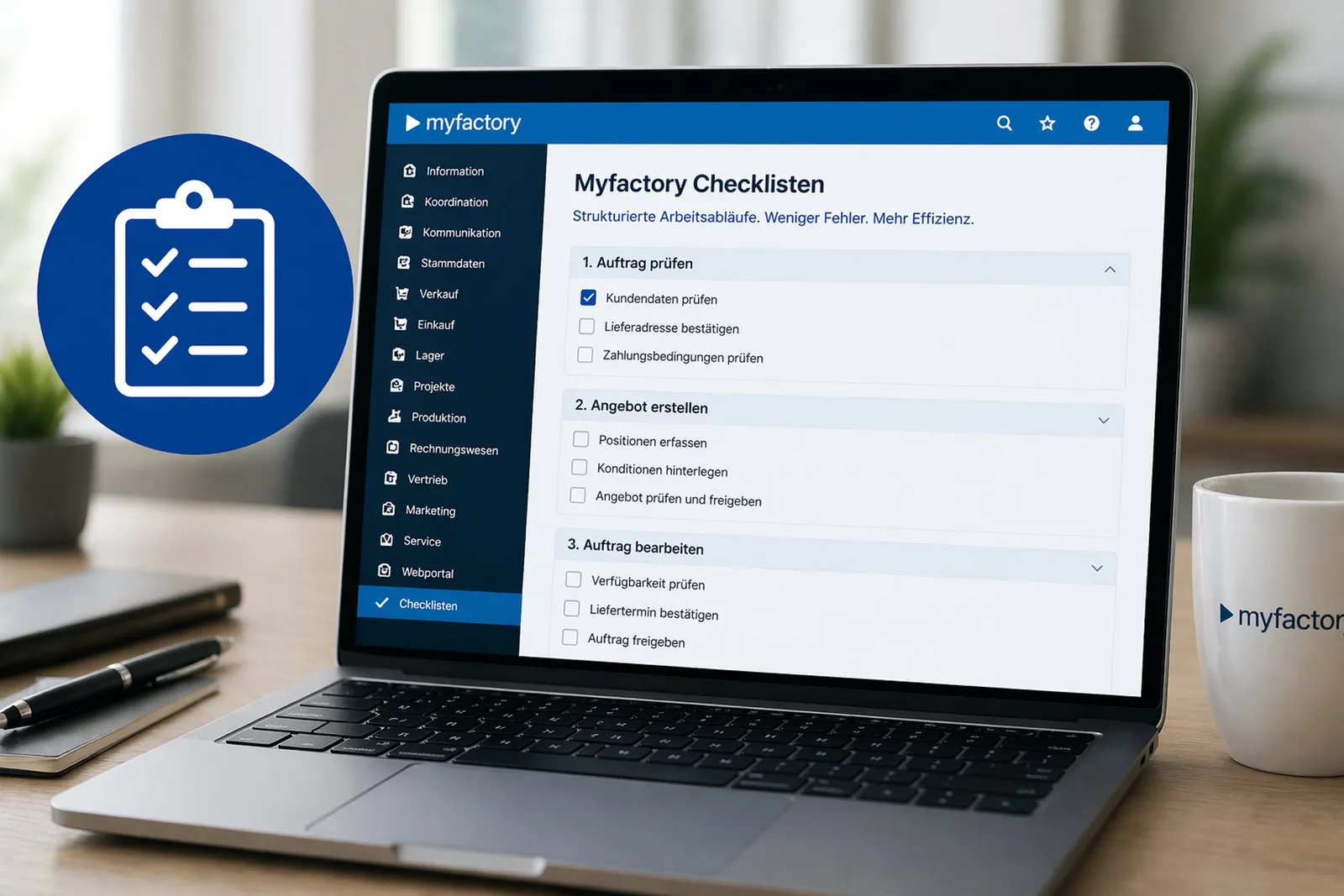 Laptop zeigt Myfactory Checklisten mit Aufgaben Auftrag prüfen und Angebot erstellen