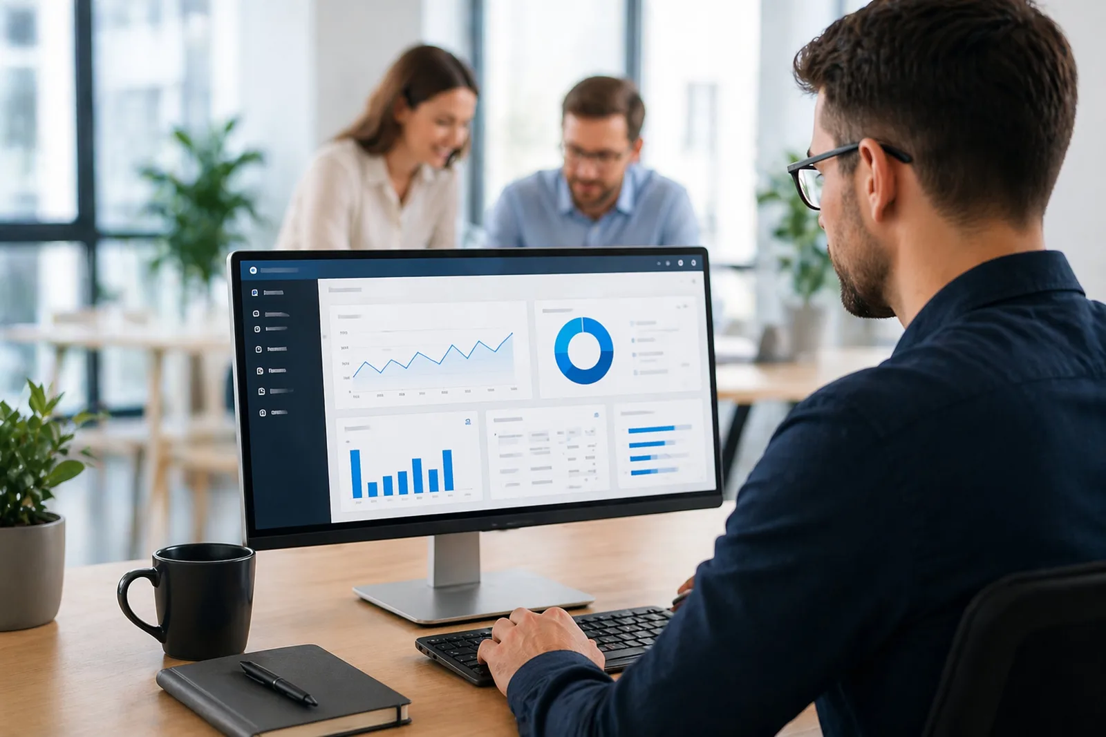 Mann mit Brille arbeitet an Computer mit Dashboard-Diagrammen, Kollegen im Hintergrund