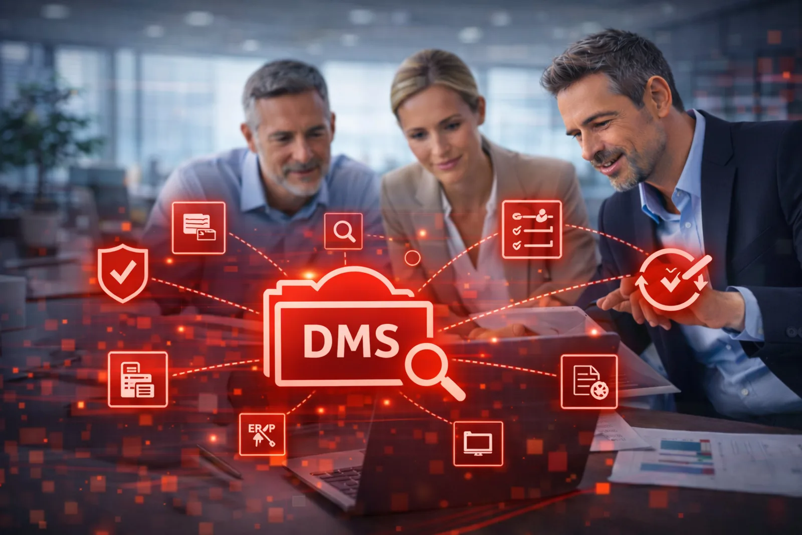 Drei Mitarbeiter mit Laptop präsentieren rotes DMS-Netzwerk-Diagramm mit Dokumentsymbolen