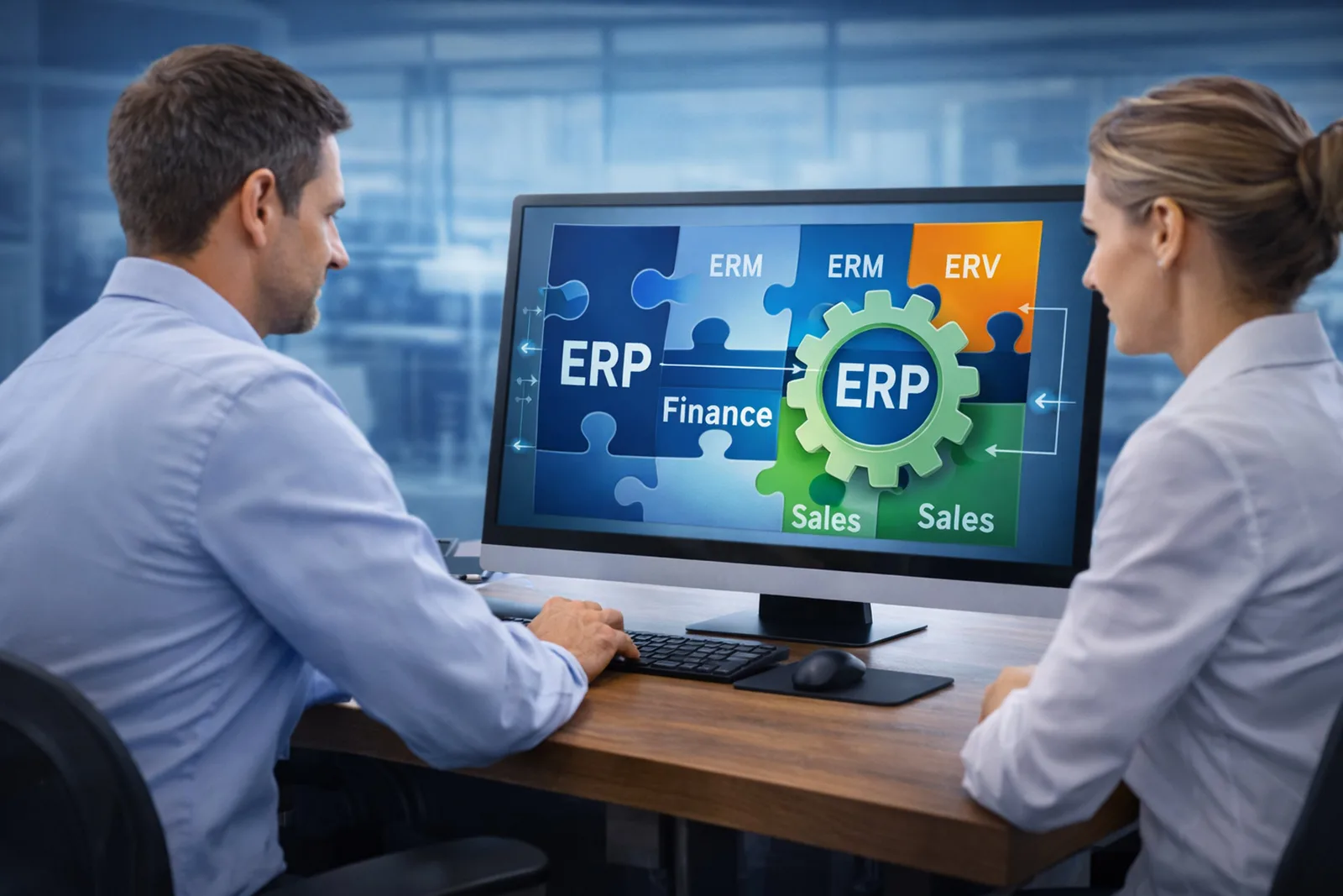 Zwei Mitarbeiter betrachten Monitor mit ERP-Systemdiagramm, Puzzle-Teile, Gears und Farbcodierung