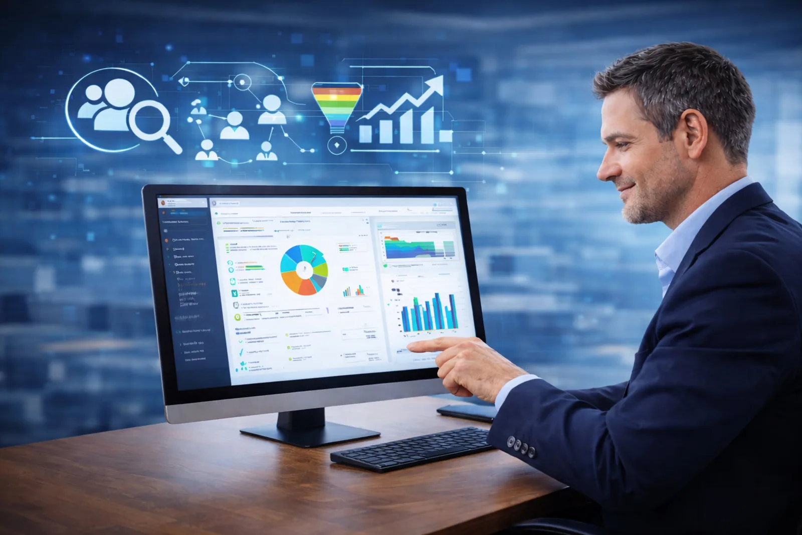 Geschäftsmann und -frau mit CRM-Dashboard zeigen Analysen und Datenvisualisierung