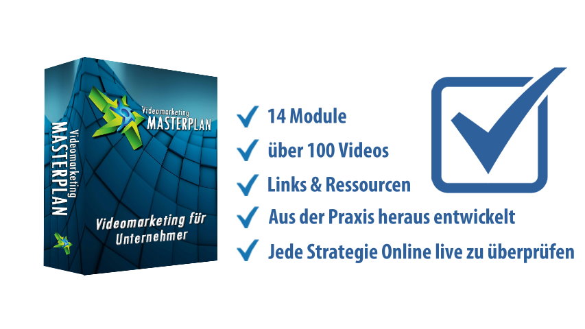Produktabbildung Videomarketing Masterplan mit 14 Modulen, über 100 Videos und Checkmarks