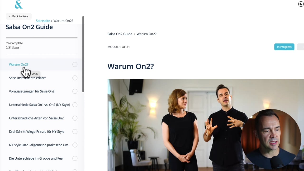 Screenshot des Salsa On2 Guide Kurses mit Modulübersicht und Instruktionsvideo von zwei Tanzinstruktoren