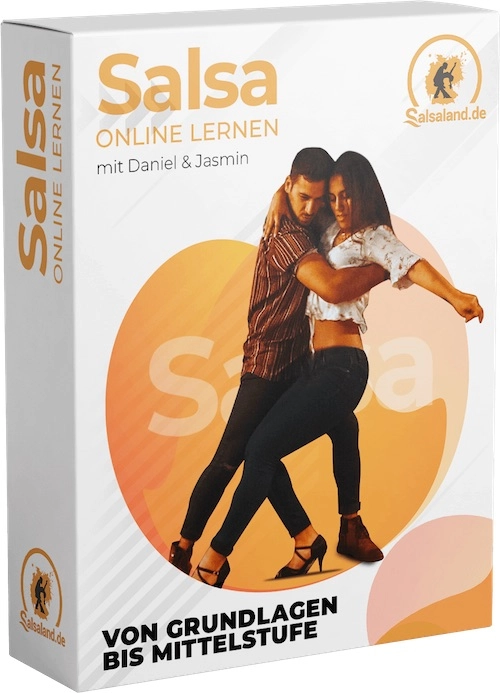 Produktbox Salsa Online Lernen mit Daniel & Jasmin, Tanzpaar in Tanzpose auf orangem Hintergrund