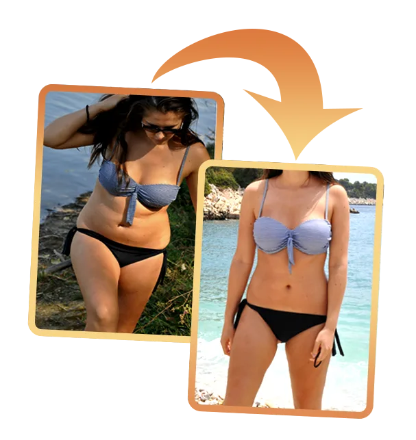 Vorher-Nachher-Vergleich Frau in Bikini am Strand mit Transformationspfeil