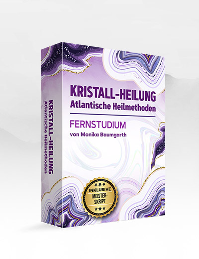 Buchcover Kristall-Heilung Atlantische Heilmethoden Fernstudium von Monika Baumgarth mit Zertifikatssiegel