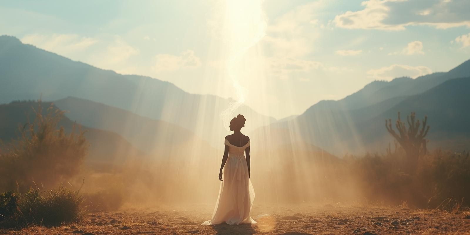 Frau im weißen Kleid steht in staubiger Berglandschaft mit Sonnenstrahlen