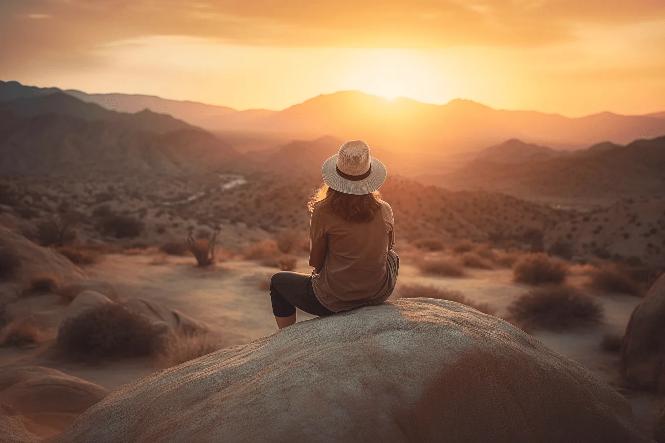 Frau sitzt auf Felsen in Wüstenlandschaft bei Sonnenaufgang mit Strohhut, bergiges Panorama im Hintergrund