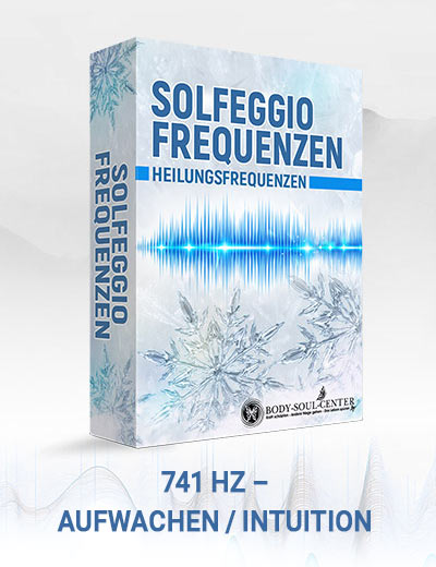 Schamanische Trommelreise – Audio-Meditation mit Solfeggio 24 Produktbox Solfeggio Frequenzen 741 Hz Aufwachen mit Waveform-Grafik und Schneekristall-Design