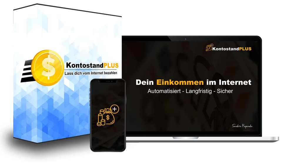 KontostandPLUS Produktmockup mit Box, Smartphone und Laptop-Bildschirm, Slogan 'Dein Einkommen im Internet – Automatisiert –