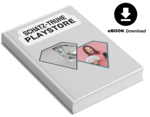 3D-Buchcover mit Titel 'Schatztruhe Playstore', Geldschein-Motiv, eBook Download Symbol mit Pfeil