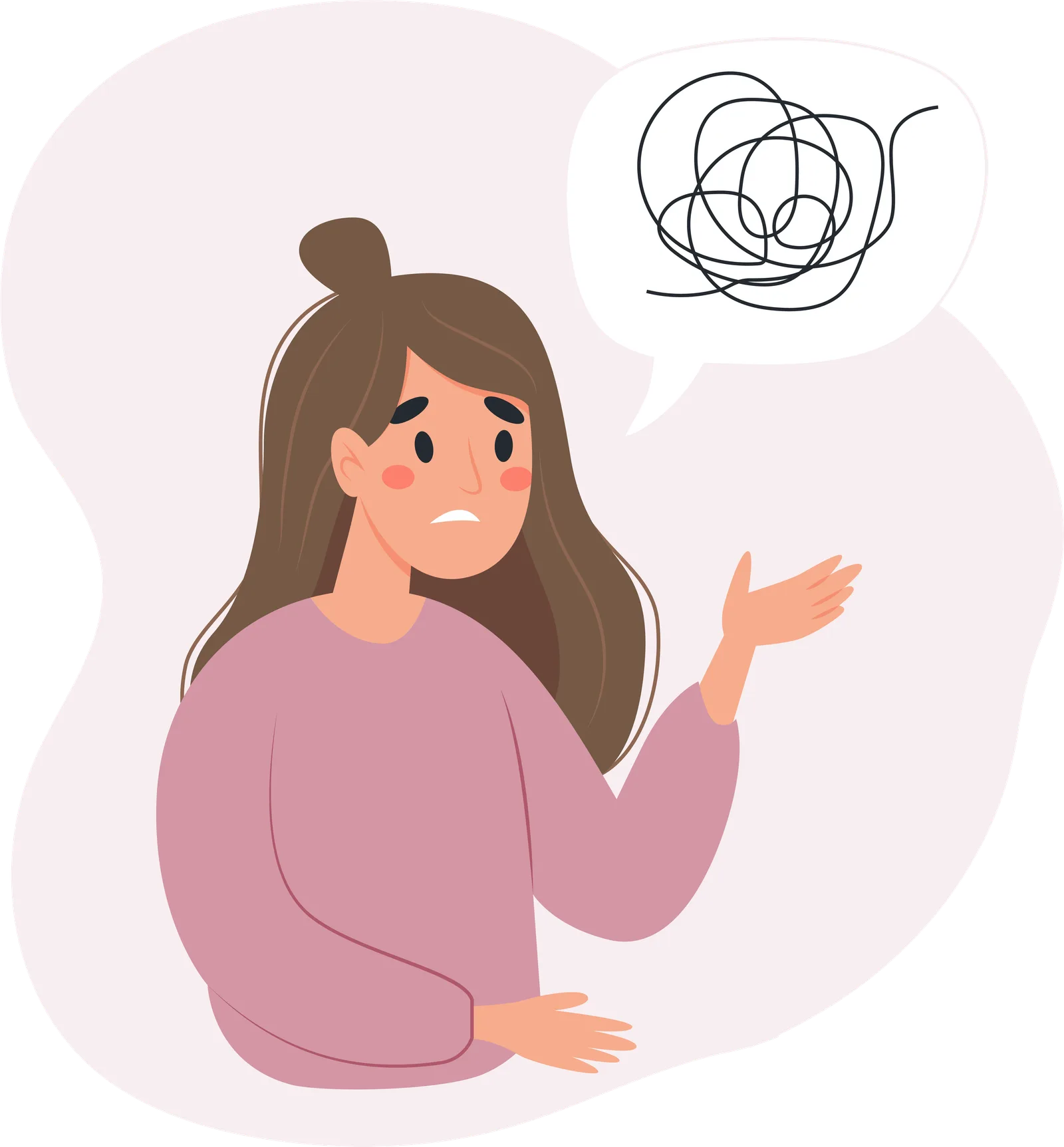Cartoon-Illustration einer verwirrten Frau mit Gedankenblasen-Chaos-Symbol