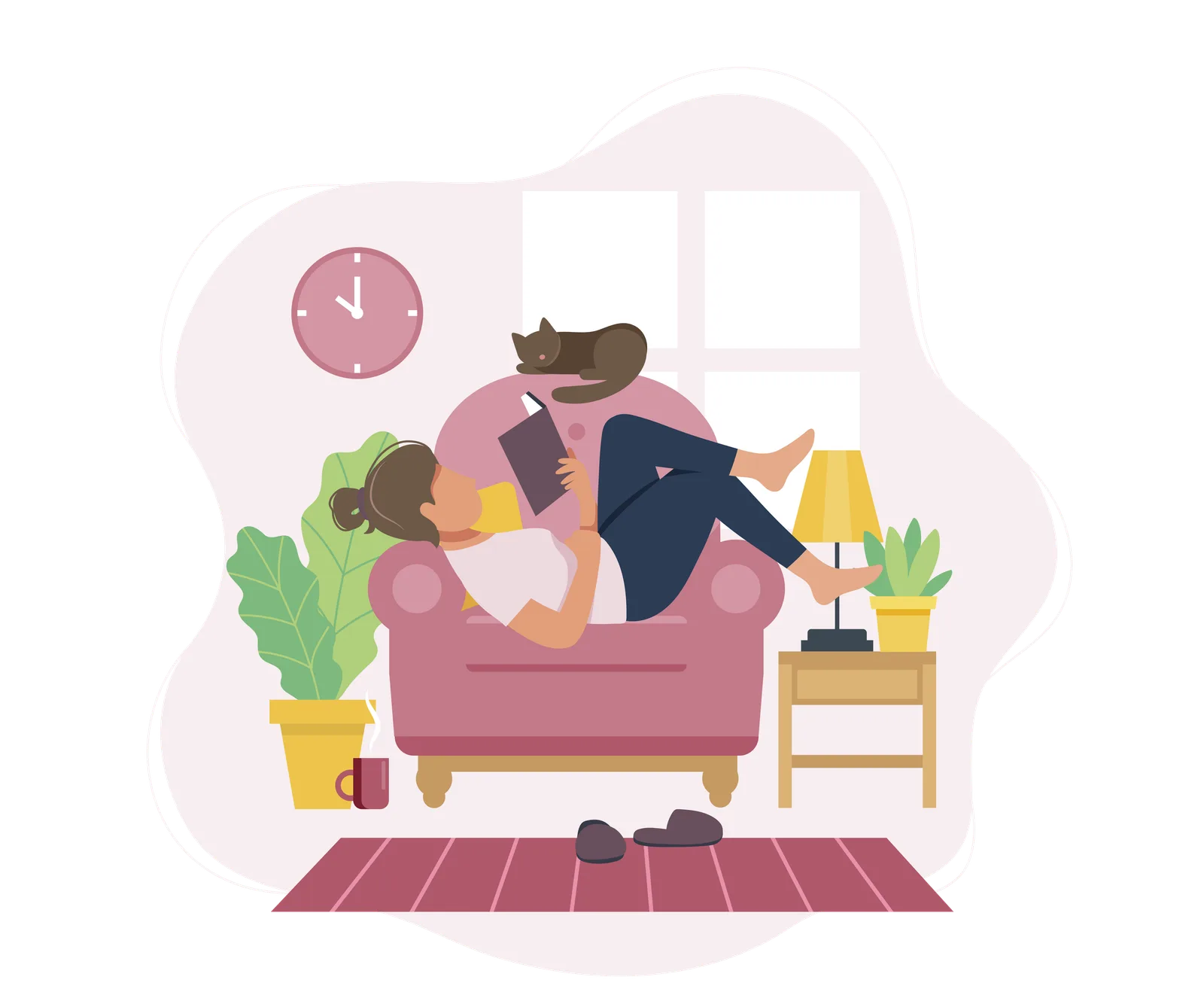 Illustration einer Frau auf Sofa mit Katze beim Lesen, müde wirkend