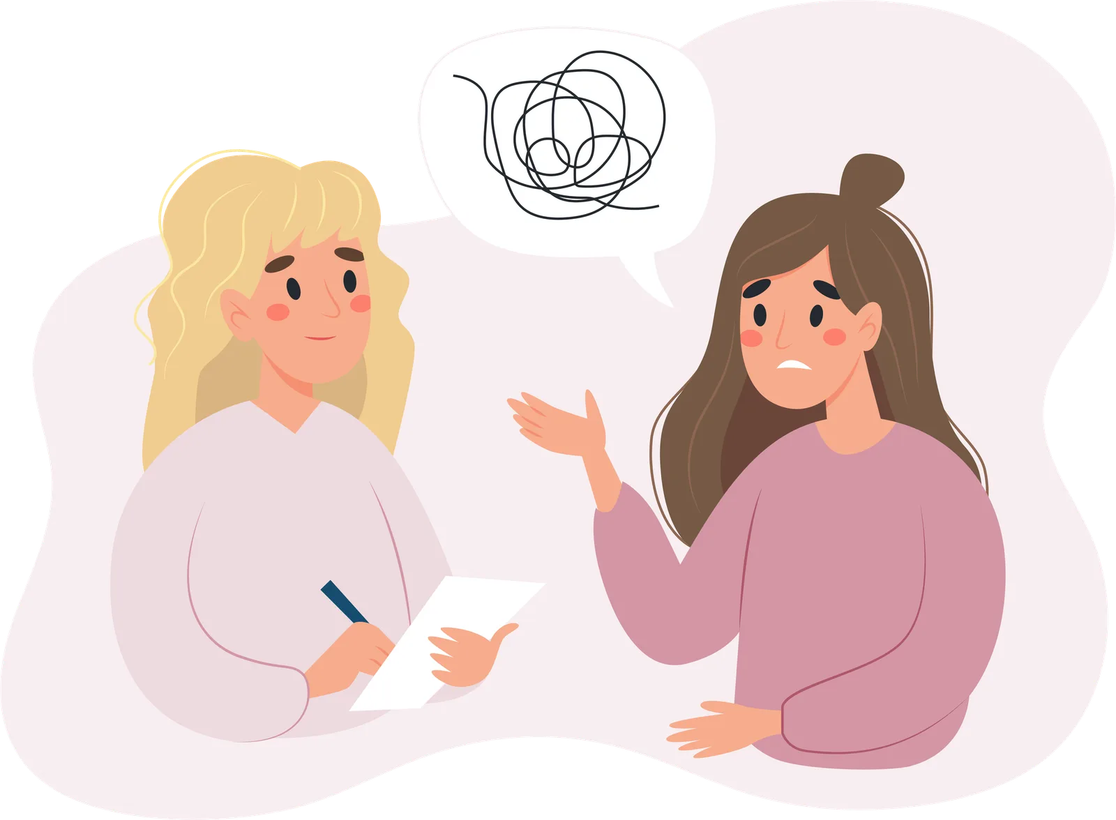 Illustration zweier Frauen im Gespräch, eine mit blondem, eine mit braunem Haar
