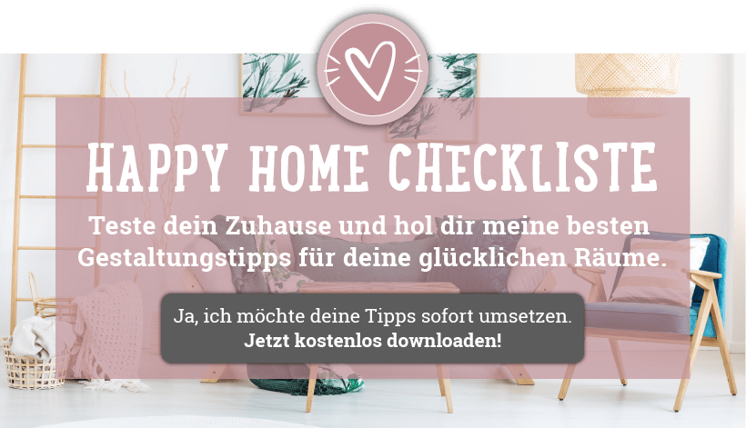Landing Page mit Wohnzimmer-Szenerie, Happy Home Checkliste mit Herz-Logo