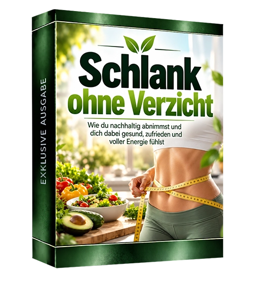 Produktbox Schlank ohne Verzicht mit grünem Design, Gemüse und Frau mit Maßstab