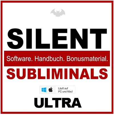 Schlankes Silent Subliminals Paket – Software für Affirmationen 3 Silent Subliminals ULTRA Produktabbildung mit rotem Rahmen, Software, Handbuch und Bonusmaterial für PC und Mac