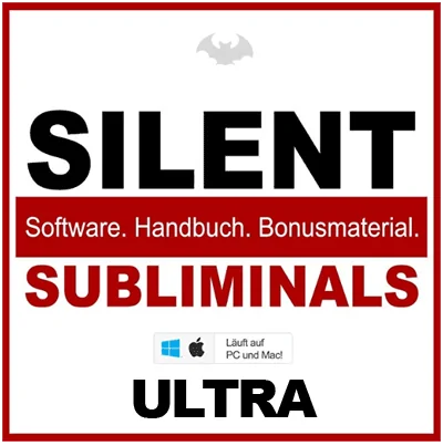 Schlankes Silent Subliminals Paket – Software für Affirmationen 1 Silent Subliminals ULTRA Produktabbildung mit rotem Rahmen, Software, Handbuch und Bonusmaterial für PC und Mac