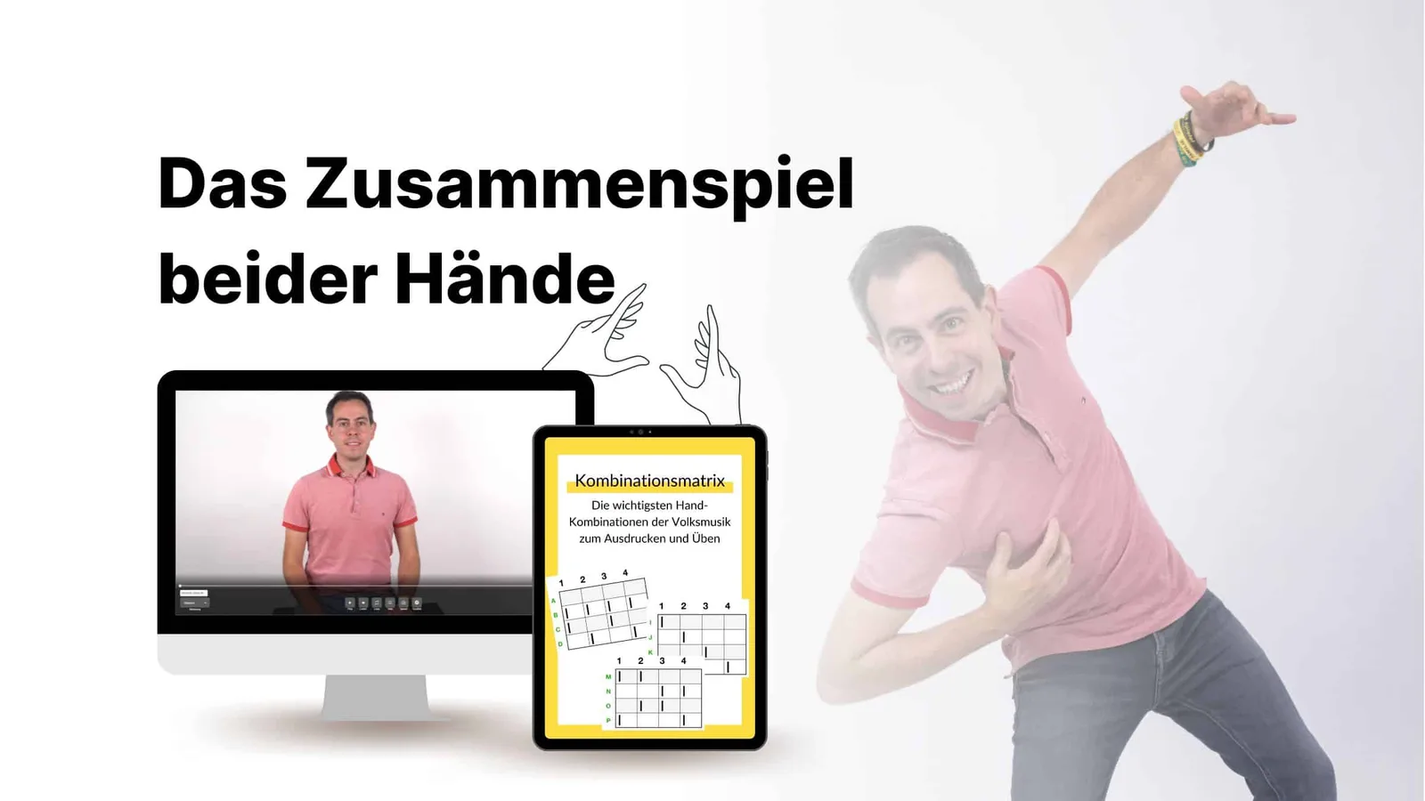 Schlenker, Läufe, Variationen – Harmonika-Videokurs von Stefan Kloppe 5 Übersichtsmockup aller Quetschn Academy Kurse mit Mann in Rosa-Shirt und Kombinationsmatrix