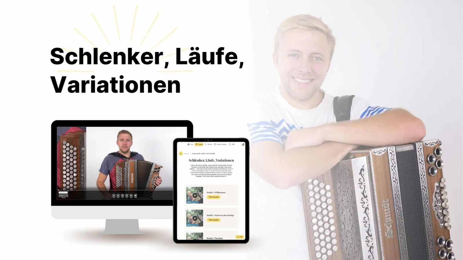 Schlenker, Läufe, Variationen – Harmonika-Videokurs von Stefan Kloppe 1 Mockup Schlenker, Läufe, Variationen Kurs auf Desktop und Tablet mit Stefan Kloppe