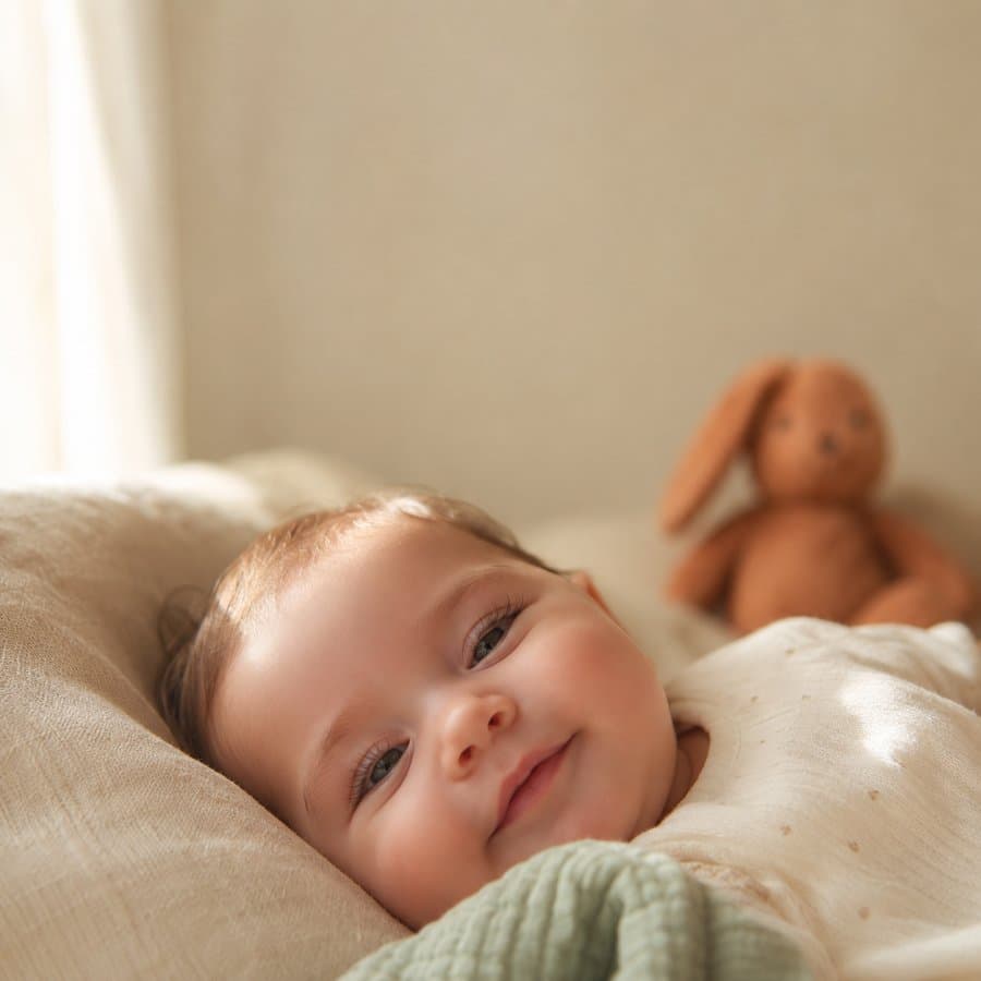 Zufriedenes Baby liegt entspannt im Bett mit grüner Decke und braunem Kuscheltier im Hintergrund