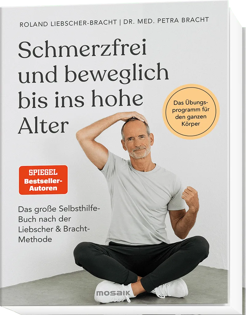 Schmerzfrei und beweglich bis ins hohe Alter – E-Book mit Übungen 2 Buch-Cover Schmerzfrei und beweglich bis ins hohe Alter mit Mann in Trainingspose, Buchtitel und Autor-Namen
