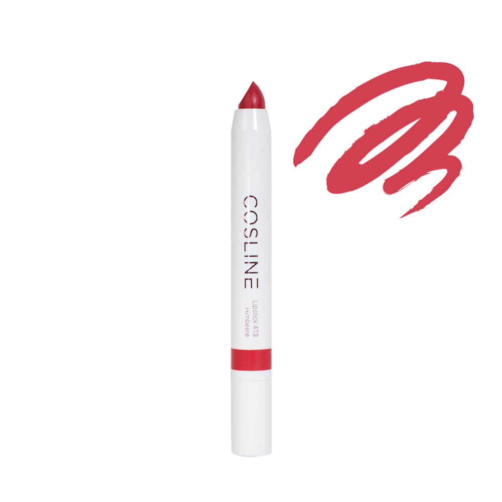 Schminkkurs für Anfänger:innen von COSLINE Cosmetics GmbH 17 COSLINE Lippenstift Himbeere 413 offen mit Farbmuster-Swiggle in Rot