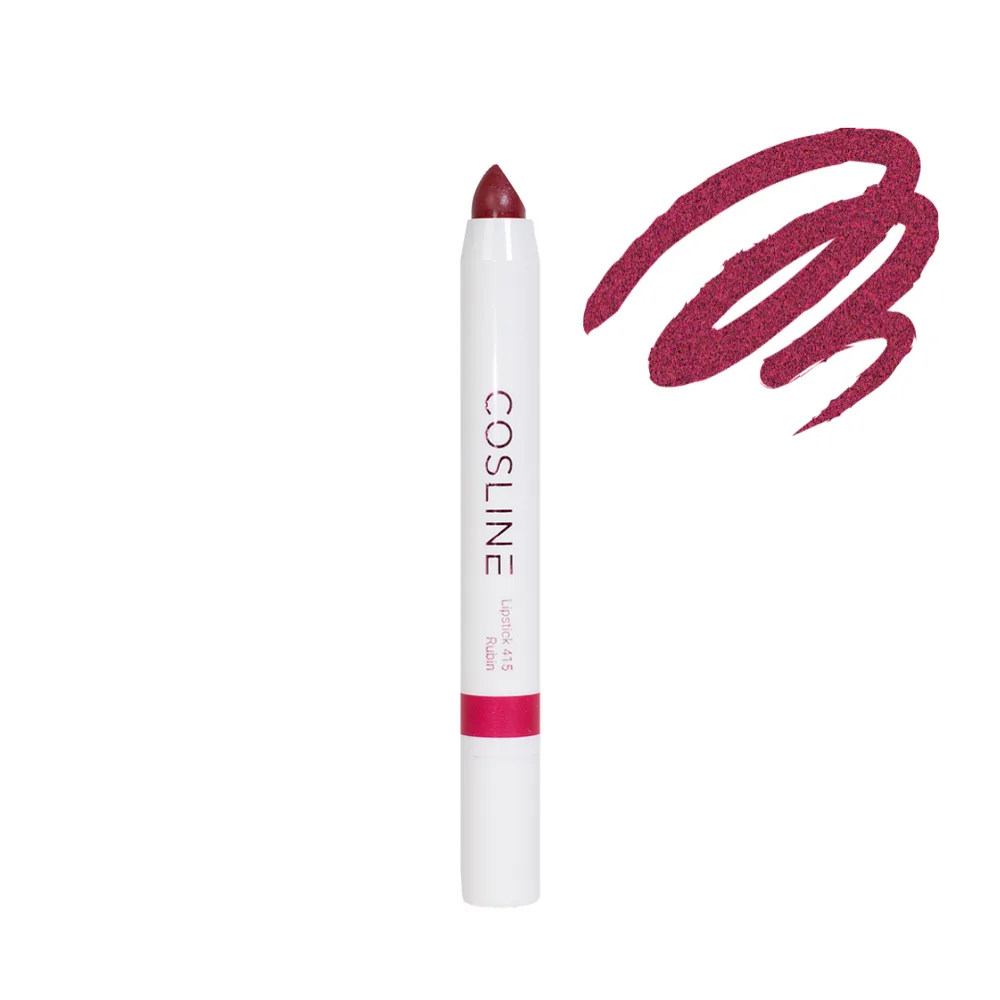 Schminkkurs für Anfänger:innen von COSLINE Cosmetics GmbH 10 COSLINE Lippenstift Rubin 415 offen mit Farbmuster-Swiggle in Dunkelrot