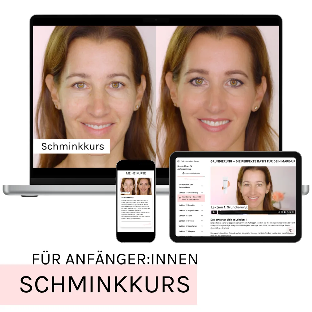 Schminkkurs für Anfänger:innen von COSLINE Cosmetics GmbH 6 Großformatige Vorher-nachher Transformation auf Laptop- und Mobile-Displays mit Text Schminkkurs und responsive Kursansicht