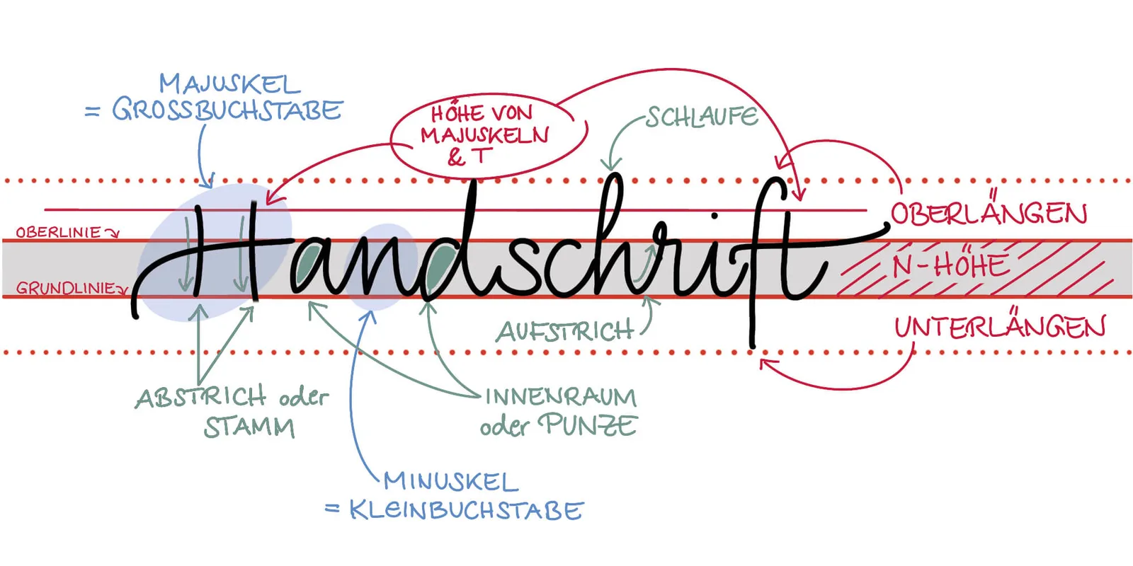 Handschrift-Grundbegriffe mit beschrifteten Linien und Fachausdrücken