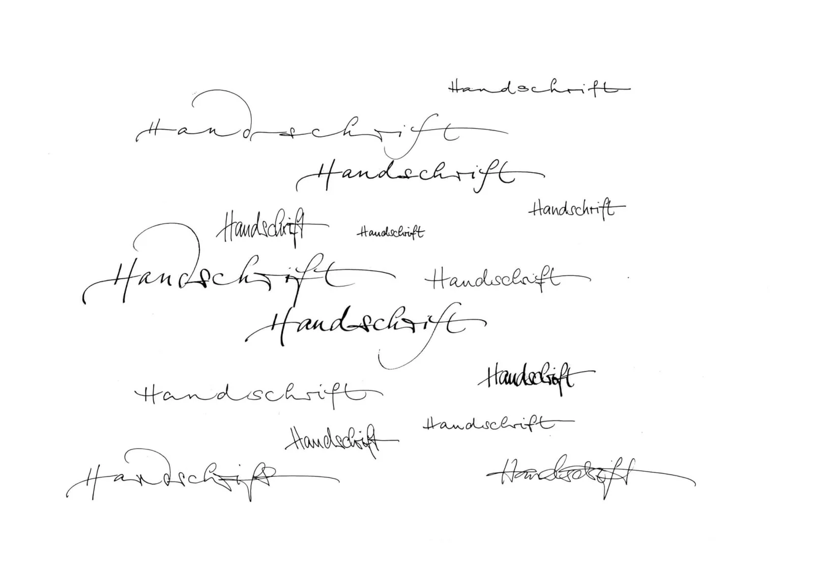 Sammlung verschiedener Handschrift-Varianten des Wortes Handschrift in unterschiedlichen Stilen