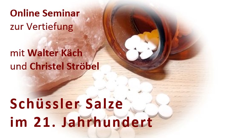 Schüssler Salze Seminar Hero-Banner mit weißen Tabletten in Glasflasche und Seminartitel