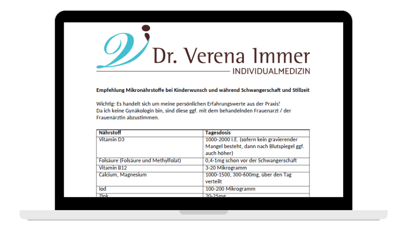 Schwangerschaftskongress – Premium-Zugang 9 Monitor zeigt Dr. Verena Immer Empfehlungen für Mikronährstoffe in Tabellenform