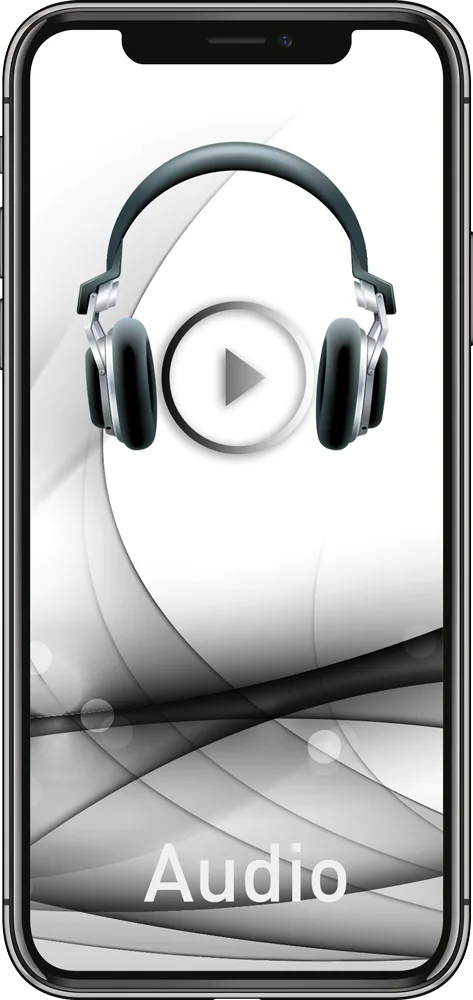 Schwangerschaftskongress – Premium-Zugang 5 Smartphone mit Kopfhörer und Play-Symbol, Text 'Audio' im unteren Bereich