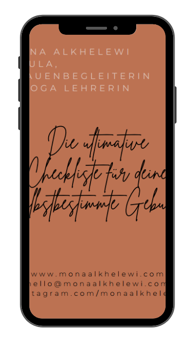 Schwangerschaftskongress – Premium-Zugang 10 Smartphone zeigt Handout mit Text von Mona Alkhelewi in Terrakotta-Orange