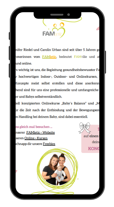Schwangerschaftskongress – Premium-Zugang 13 Smartphone zeigt Handout mit FAMletic Logo und Text von Jennifer Riedel über Online-Kurse