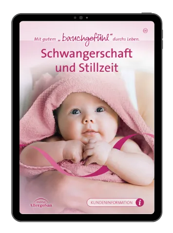 Schwangerschaftskongress – Premium-Zugang 7 Tablet-Mockup mit rosafarbenem eBook-Cover eines Babys mit Tuch und Titel 'Schwangerschaft und Stillzeit'
