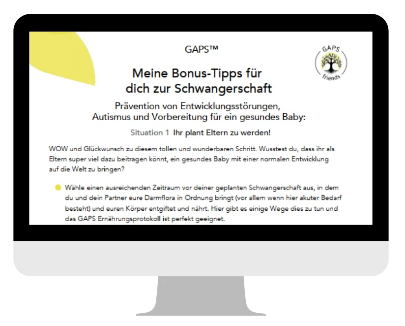 Schwangerschaftskongress – Premium-Zugang 11 Monitor zeigt GAPS Bonus-Tipps zur Schwangerschaft mit gelbem Design-Element