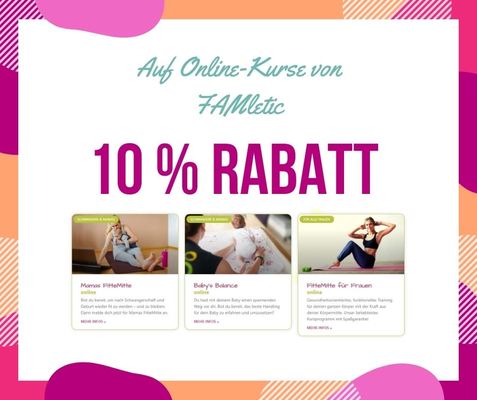 Schwangerschaftskongress – Premium-Zugang 14 FAMletic Online-Kurse Rabatt Banner mit 10% Rabatt auf FitMitte Kurse für Mamas und Frauen