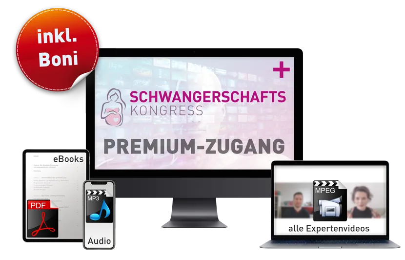 Schwangerschaftskongress – Premium-Zugang 2 Hero-Banner zum Premium-Zugang des Schwangerschaftskongresses mit Geräte-Mockups und Bonus-Hinweis