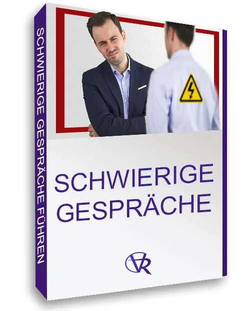 Kursbuch-Cover Schwierige Gespräche führen mit zwei Geschäftsmännern und Warnsymbol