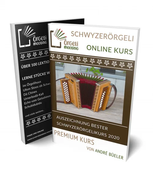 Schwyzerörgeli Onlinekurs Jahresabo – Buch-Mockup mit Kursbuchcover und Akkordeon