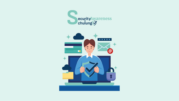 Illustriertes Logo mit Person vor Laptop und Sicherheitssymbolen zur Security Awareness Schulung