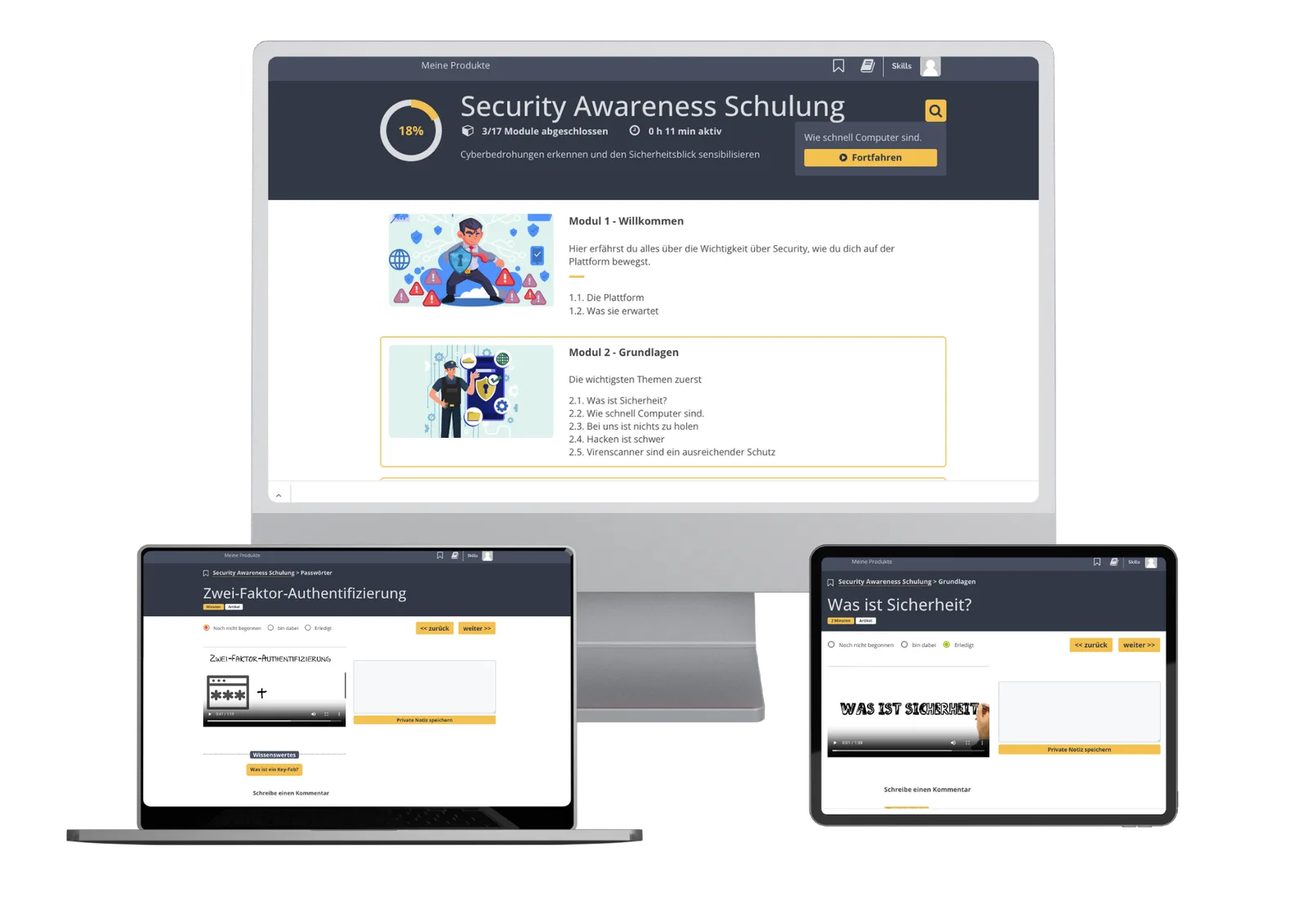 Mockup des Onlinekurses Security Awareness Schulung mit Übersicht Module auf Desktop und mobilen Geräten