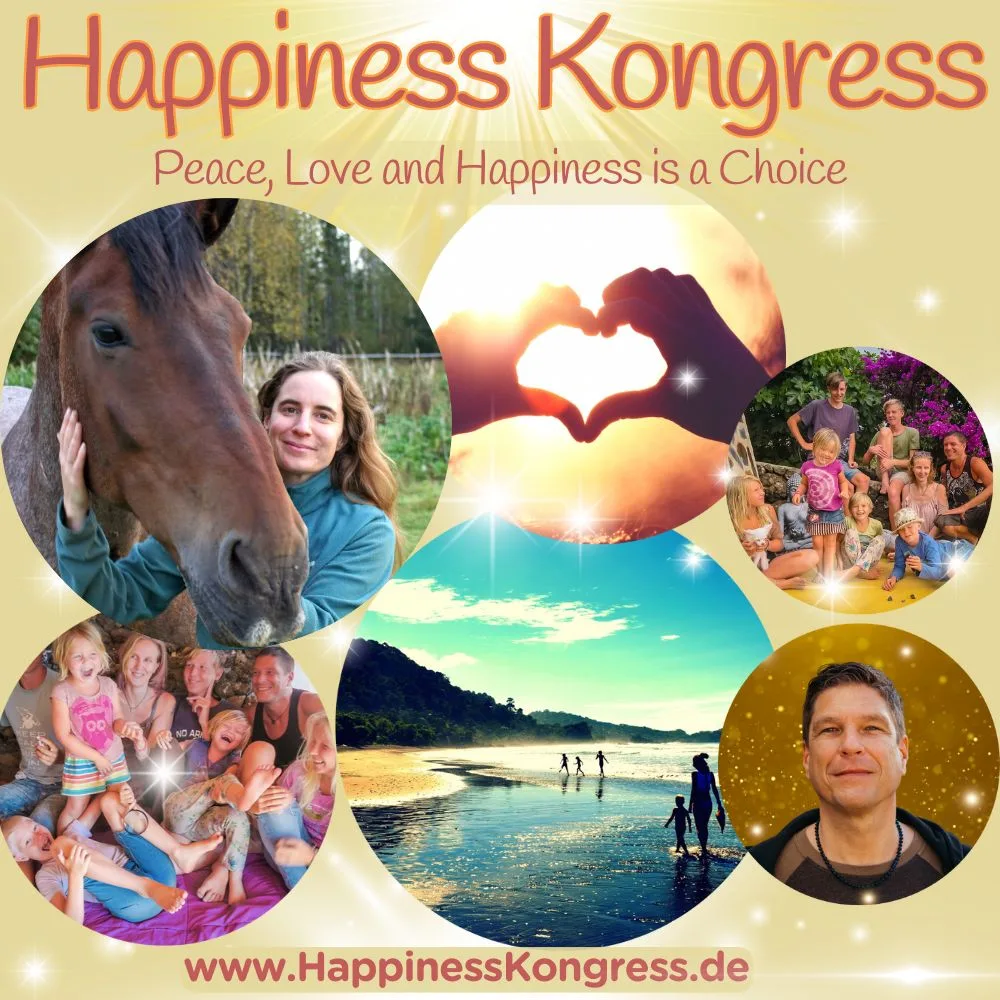 Happiness Kongress quadratisches Banner mit Linda Held, Familie und Naturszenen