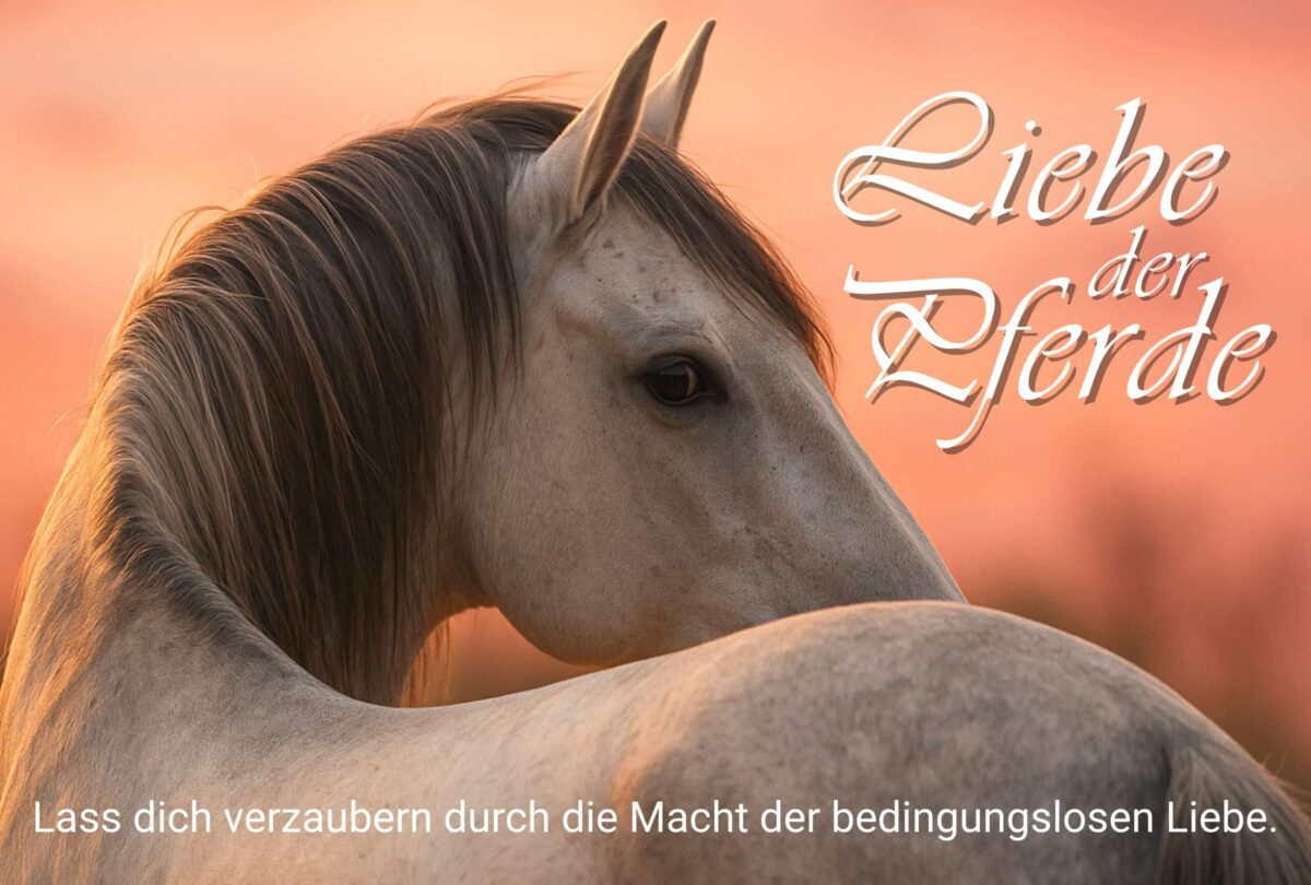 Weißes Pferd vor orangefarbenem Sonnenuntergang-Hintergrund