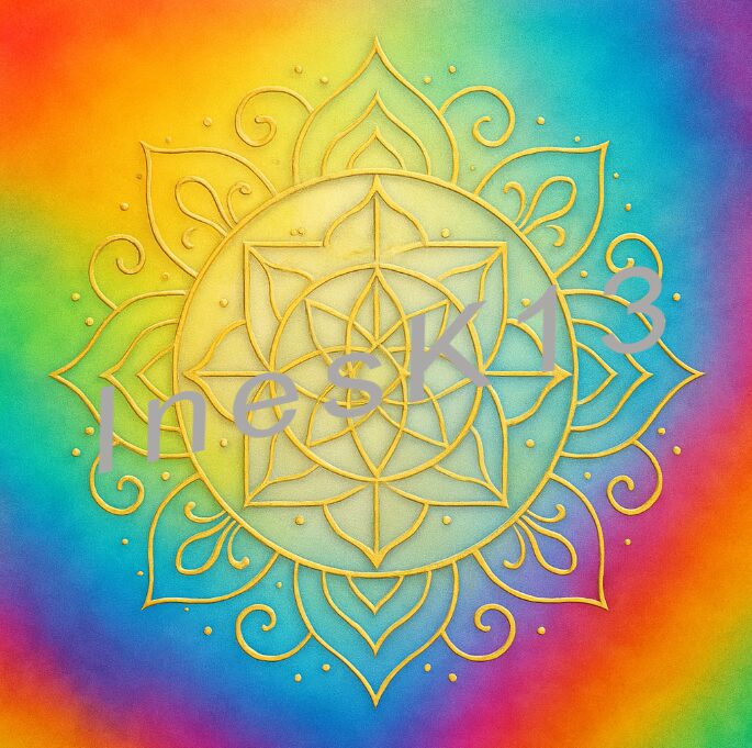 Seelenlichtcode Gottvertrauen – E-Book mit Mandala & Ritualen 21 Seelenlichtcode Allverbundenheit: Gold-Regenbogen-Mandala mit geometrischer Flower-of-Life-Struktur auf Regenbogenhintergrund
