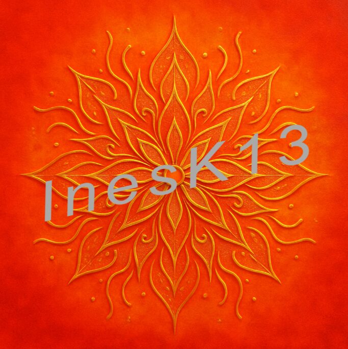Mandala mit gelb-roten Blütenelementen auf orange-rotem Hintergrund, Seelenlichtcode-Logo