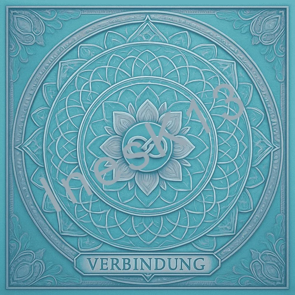 Türkis-weißes Mandala mit Lotus und Text VERBINDUNG